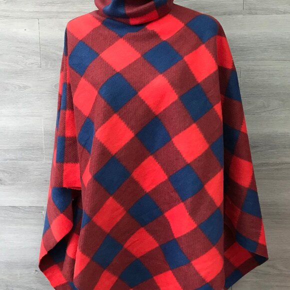 Handmade Hoodie Cowl Turtleneck Fleece poncho red navy blue checker print - Picture 2 of 4